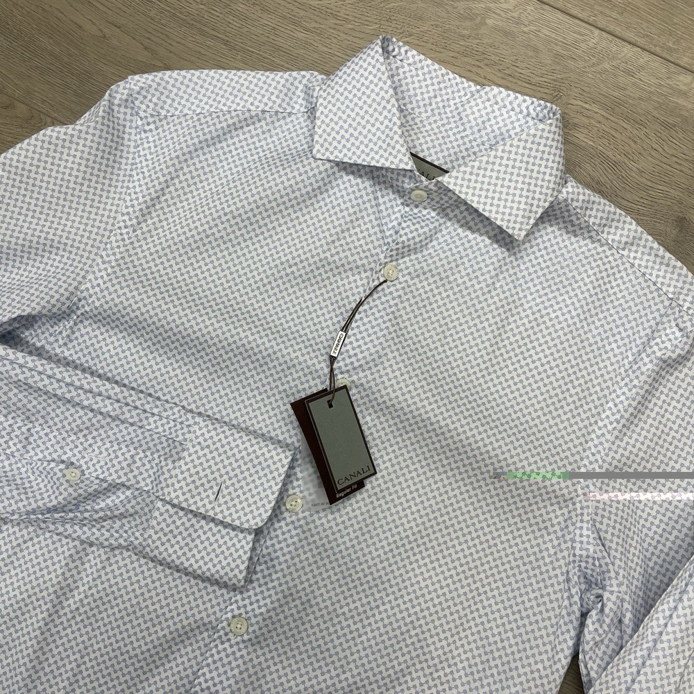 Canali L/S Men Button Up Shirt Geometric Hire Blue Sz S Italy NEW